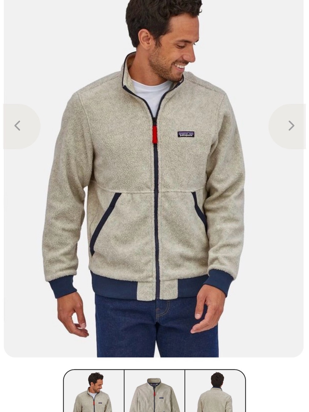 Patagonia Men’s Zip-Up Fleece Jacket in Light Beige with Navy Trim